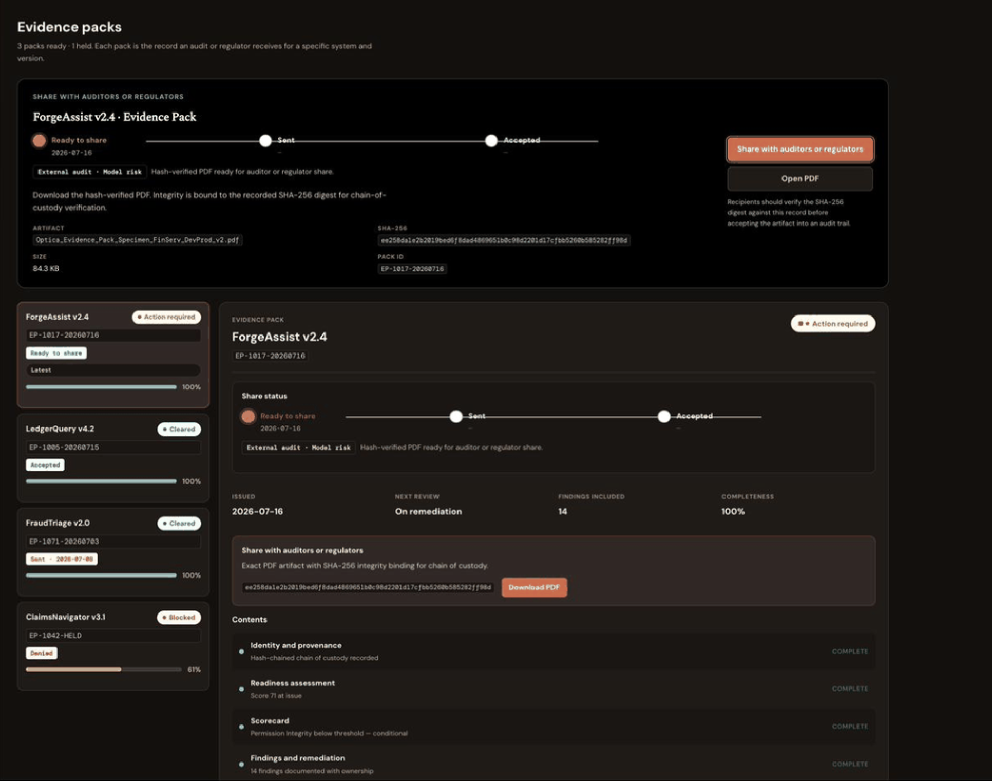 Optica assurance platform evidence packs interface
